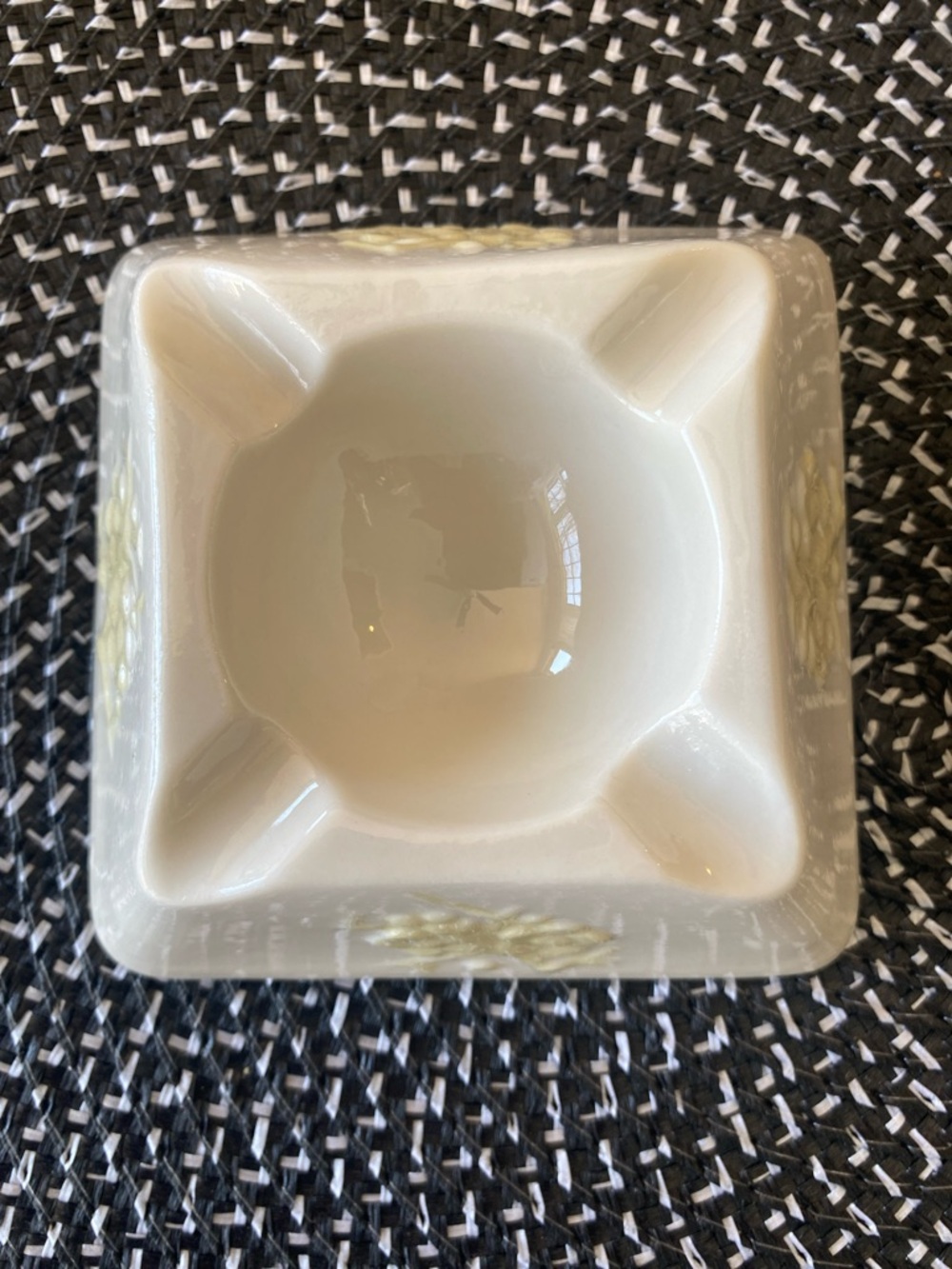 Belleek White Ceramic Square Ashtray with Pale Yellow Motif